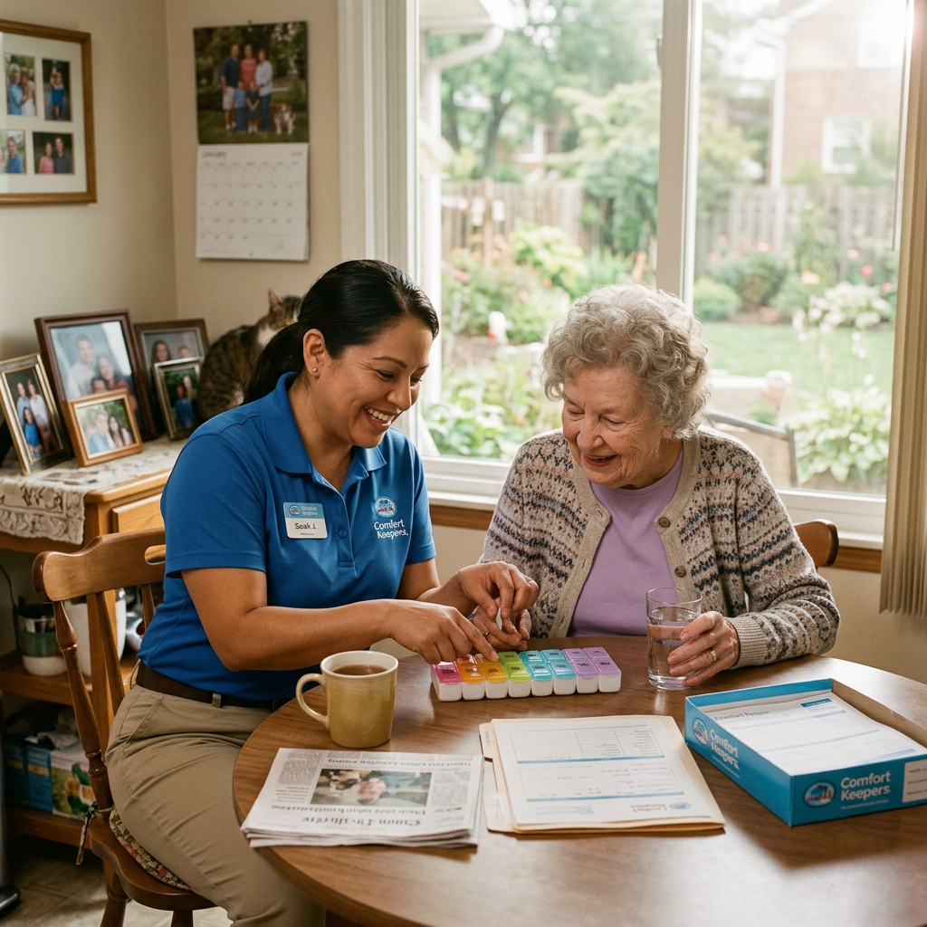 Caregiver helping older woman organize medications at a kitchen table